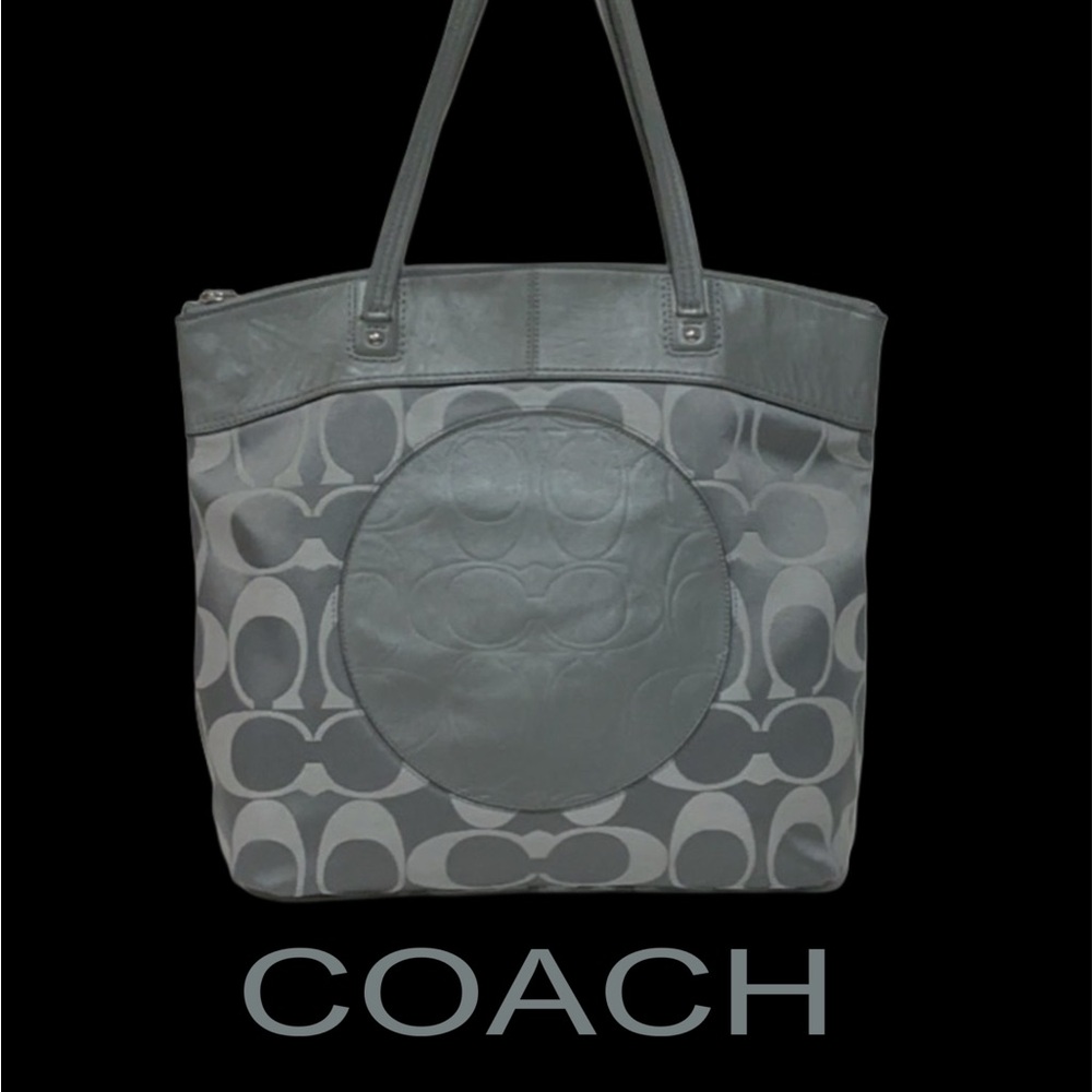 COACH Laura Signature Large Gray Leather Trim Tote Handbag Style#F18335